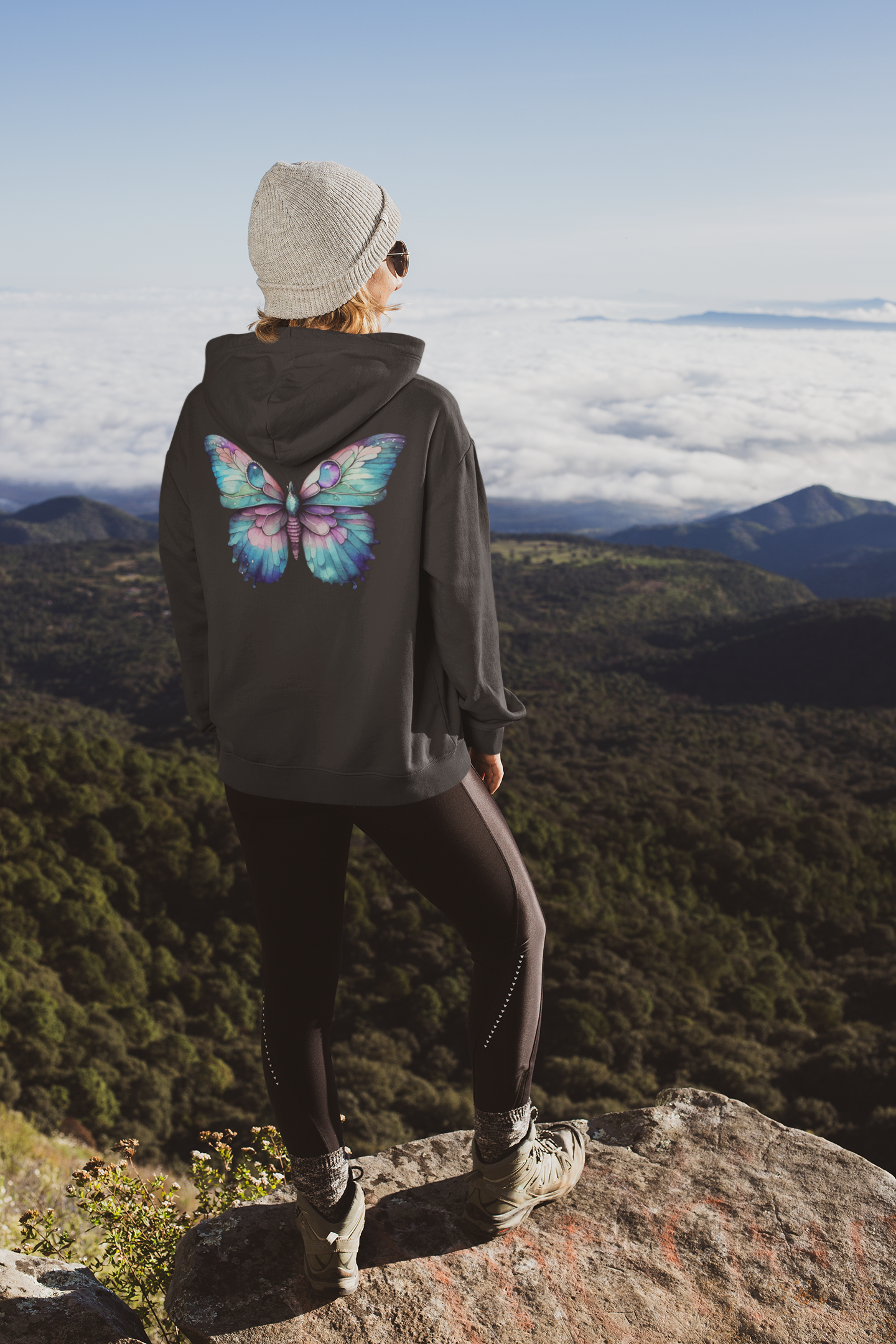 Purple Butterfly Unisex Zipped Hoodie Black