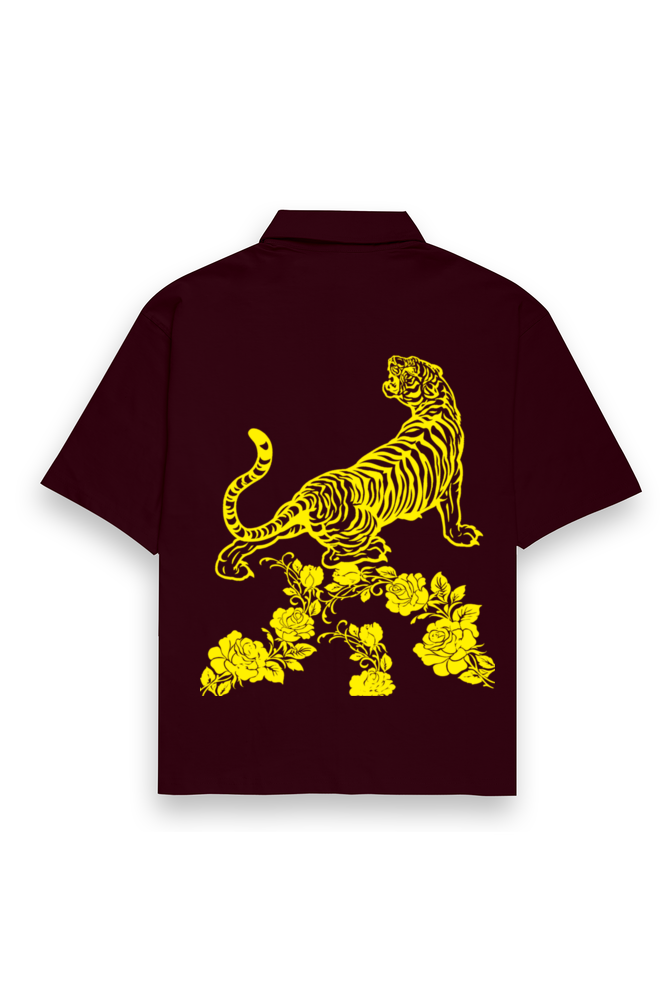 Tiger and Rose Yellow Oversized Cotton Shirt Maroon