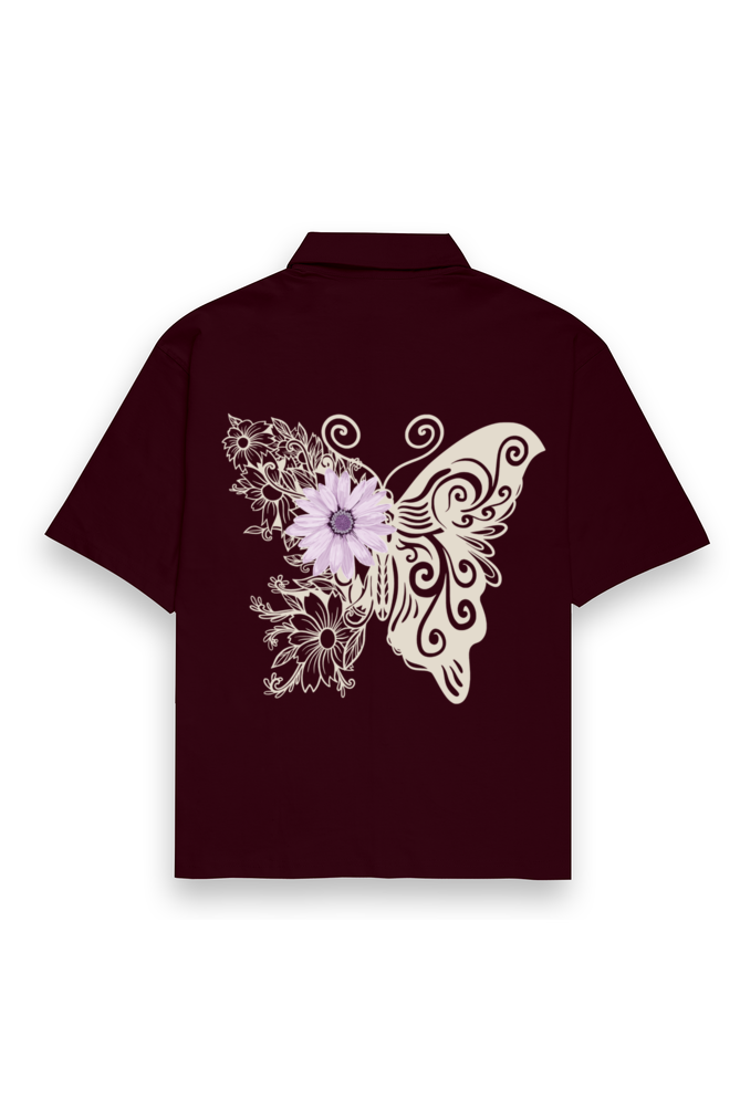 Flower on Butterfly Oversized Cotton Shirt Maroon