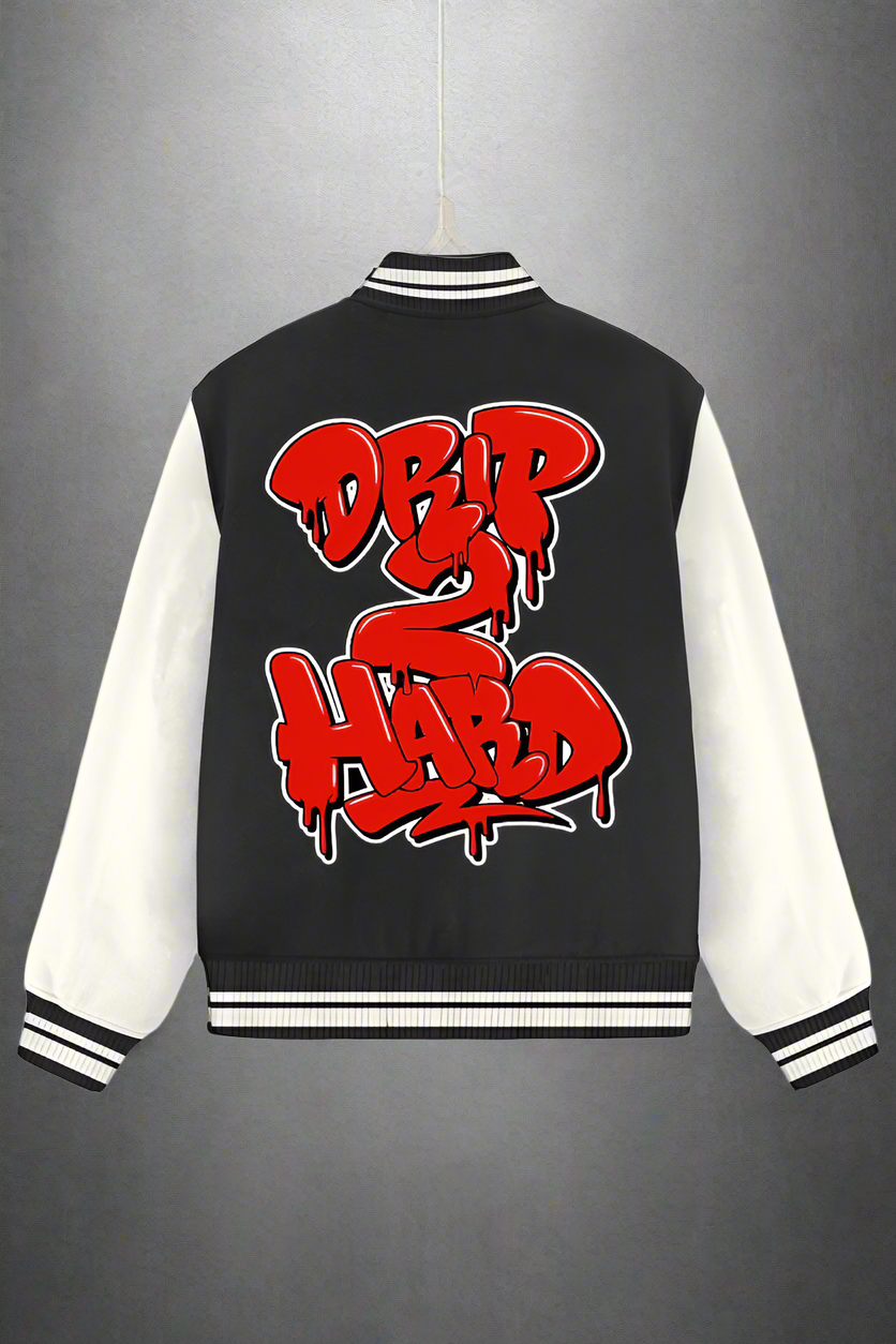 Drip Hard Long Sleeve Design Button Varsity Jacket