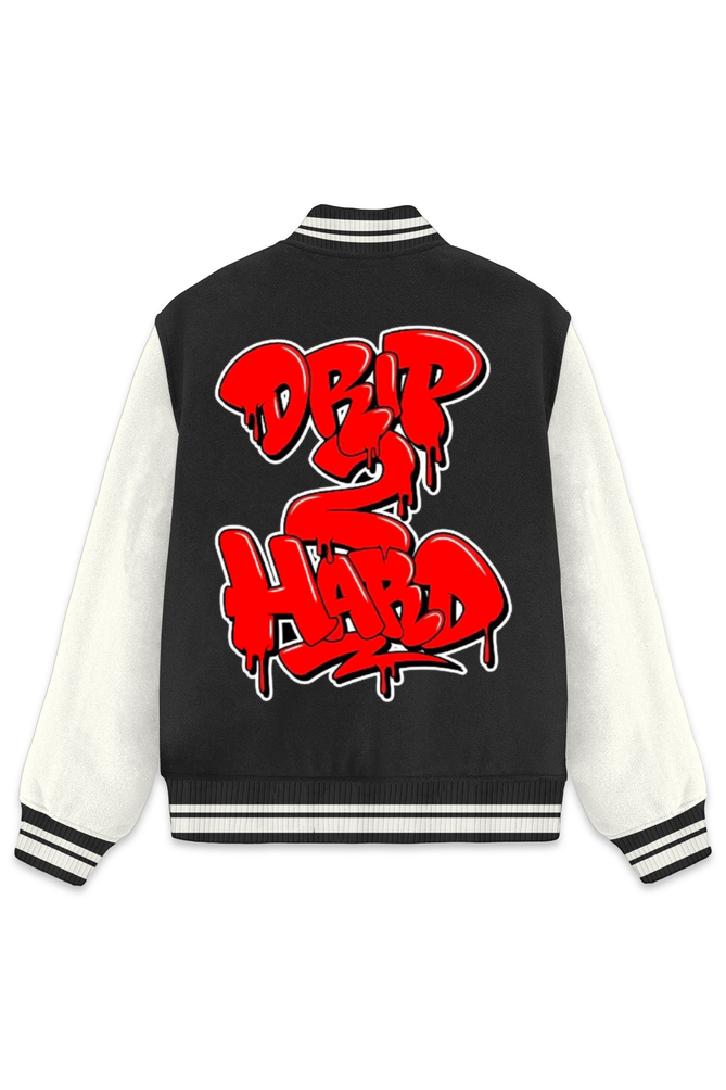 Drip Hard Long Sleeve Design Button Varsity Jacket Navy Blue