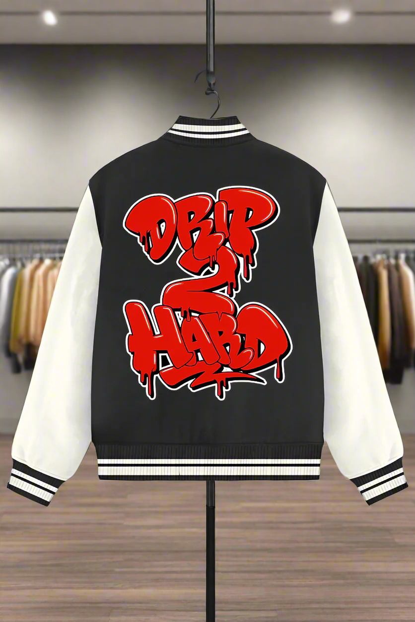 Drip Hard Long Sleeve Design Button Varsity Jacket