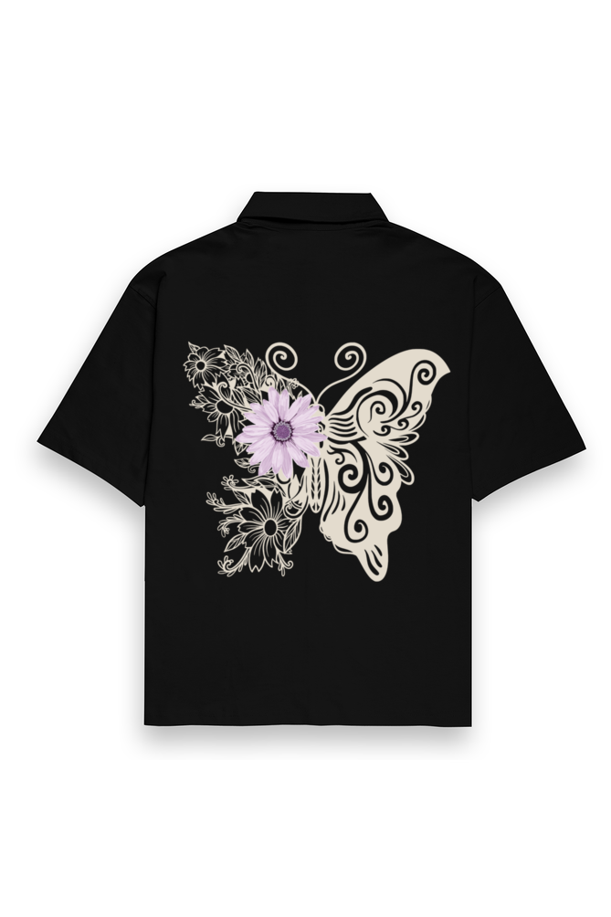 Flower on Butterfly Oversized Cotton Shirt Black
