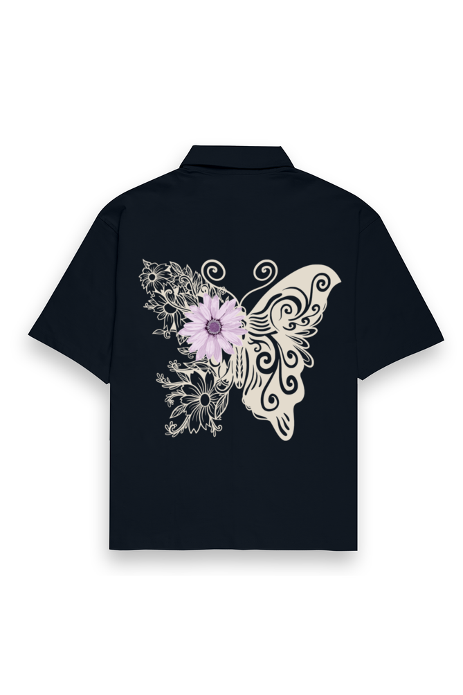 Flower on Butterfly Oversized Cotton Shirt Navy Blue
