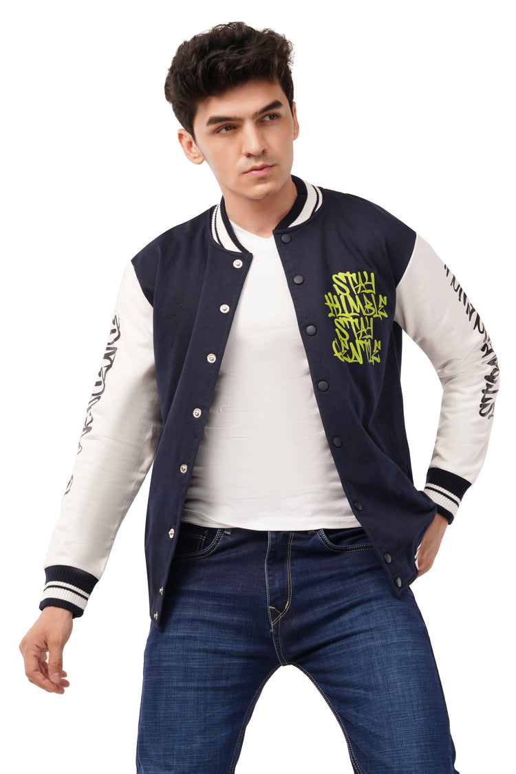 Stay Humble Stylish Long Sleeve Button Varsity Jacket Navy Blue