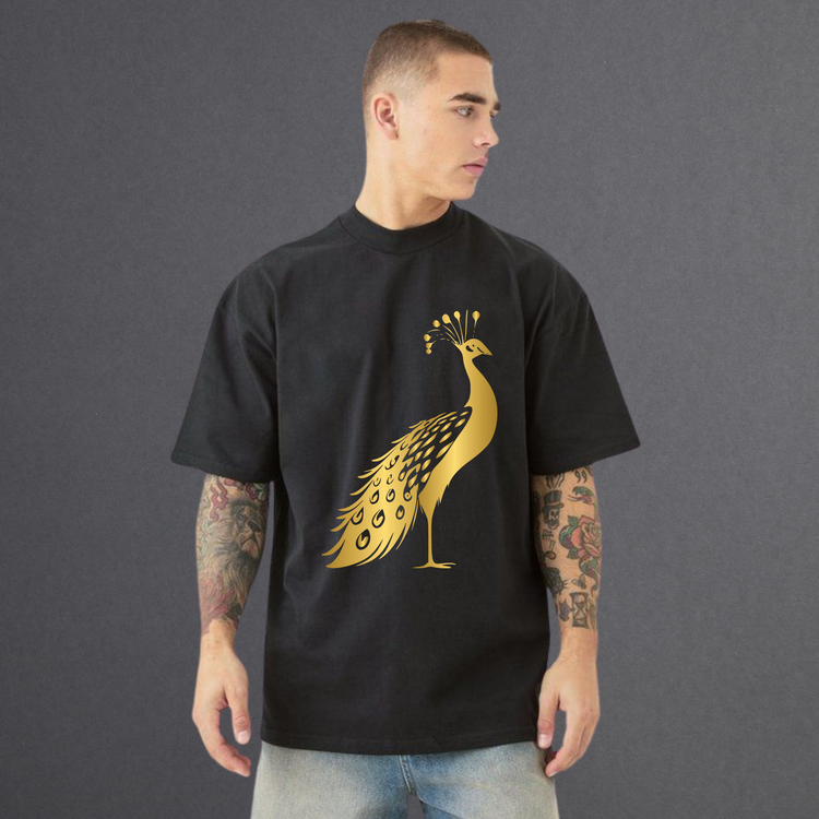 Golden Standing Peacock Unisex Oversized T-Shirt Black