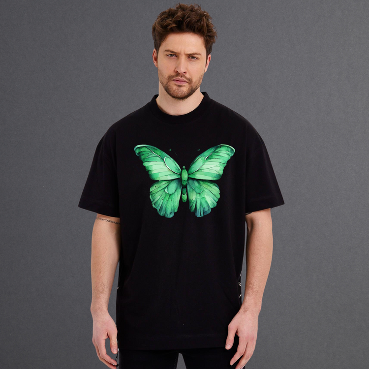 Green Butterfly Unisex Oversized T-Shirt Black