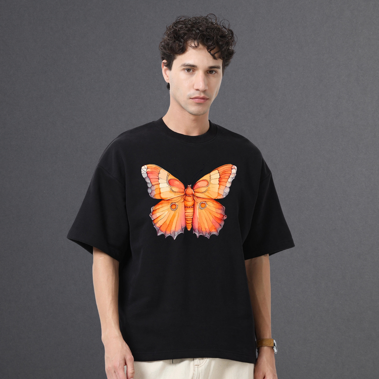 Orange Butterfly Unisex Oversized T-Shirt Black