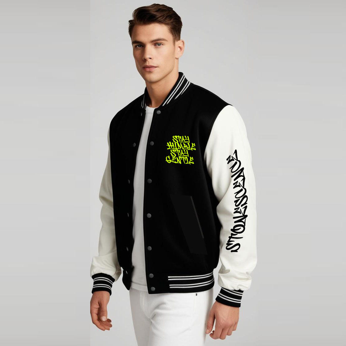 Stay Humble Stylish Long Sleeve Button Varsity Jacket