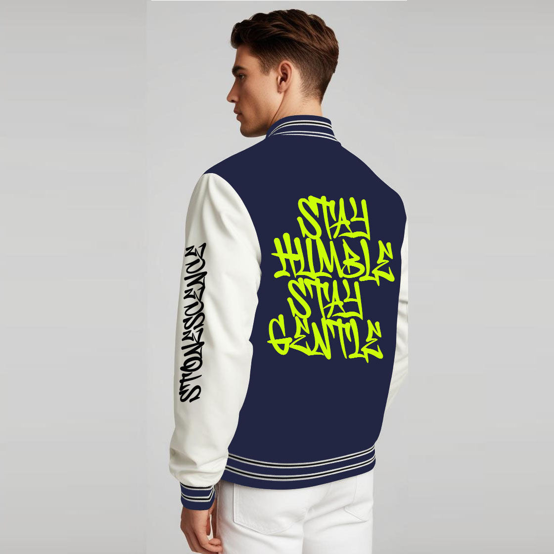 Stay Humble Stylish Long Sleeve Button Varsity Jacket