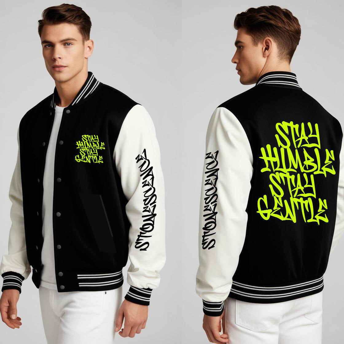 Stay Humble Stylish Long Sleeve Button Varsity Jacket Black