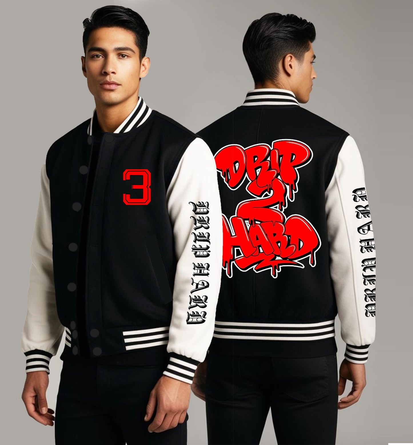 Drip Hard Long Sleeve Design Button Varsity Jacket