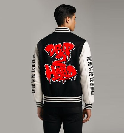 Drip Hard Long Sleeve Design Button Varsity Jacket