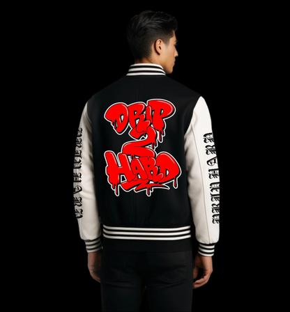 Drip Hard Long Sleeve Design Button Varsity Jacket