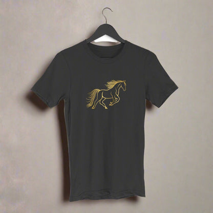 Animal Art Golden Horse Unisex Round Neck Half Sleeve T-Shirt Black