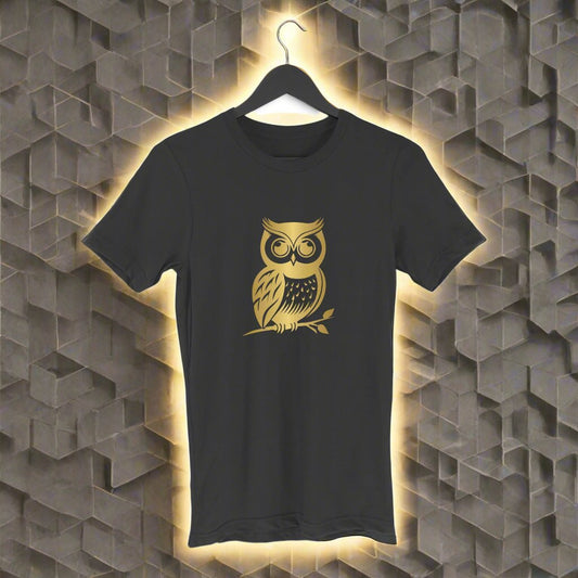 Animal Art Golden Owl Unisex Round Neck Half Sleeve T-Shirt Black