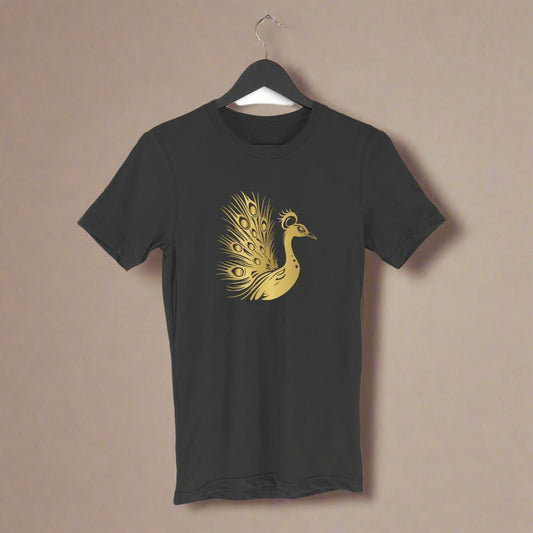 Animal Art Golden Peacock Unisex Round Neck Half Sleeve T-Shirt Black