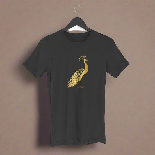 Animal Art Golden Standing Peacock Unisex Round Neck Half Sleeve T-Shirt Black