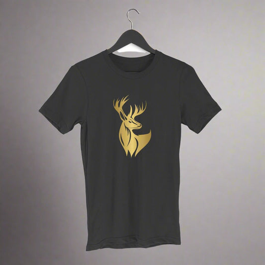 Animal Art Golden Deer Unisex Round Neck Half Sleeve T-Shirt Black