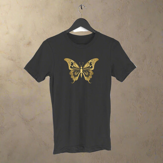 Animal Art Golden Butterfly Unisex Round Neck Half Sleeve T-Shirt Black