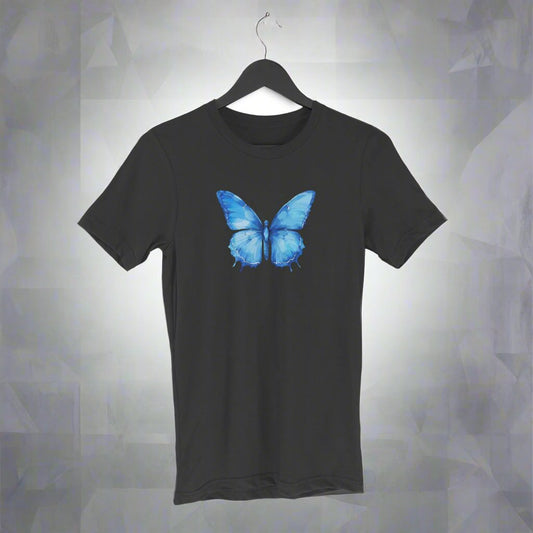 Animal Art Blue Butterfly Unisex Round Neck Half Sleeve T-Shirt Black