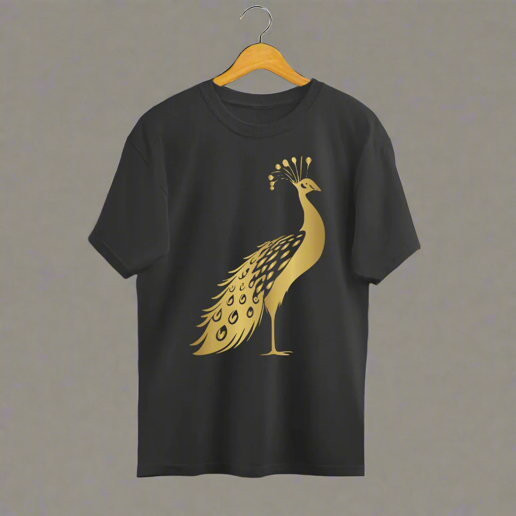 Golden Standing Peacock Unisex Oversized T-Shirt Black