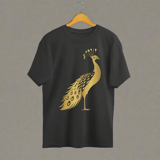 Golden Standing Peacock Unisex Oversized T-Shirt Black