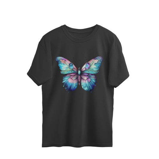 Animal Art Purple Butterfly Unisex Oversized T-Shirt Black