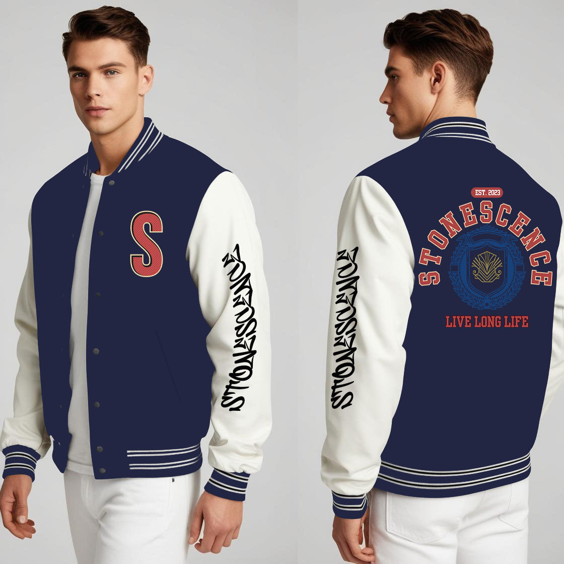 Stonescence Varsity Fully Printed Heavy GSM Jacket Navy Blue