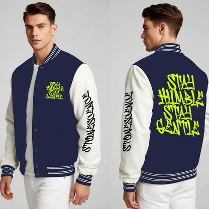 Stay Humble Stylish Long Sleeve Button Varsity Jacket Navy Blue